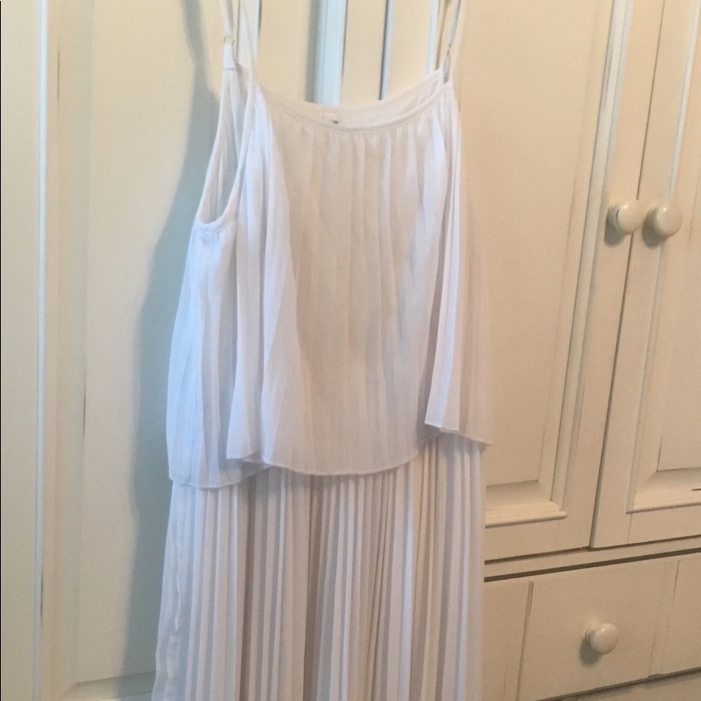 Pleated white  dress with dark blue & dark green.